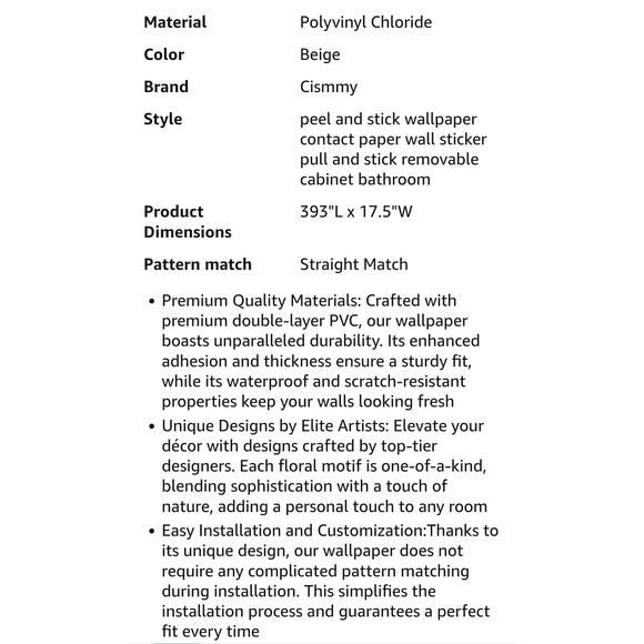 Floral Peel & Stick Wallpaper Beige 17.5 x 394 In Peel Off Renter Friendly s25 - Picture 6 of 7